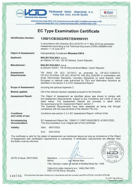 TSI certifikát pro dvojkolí ESFA