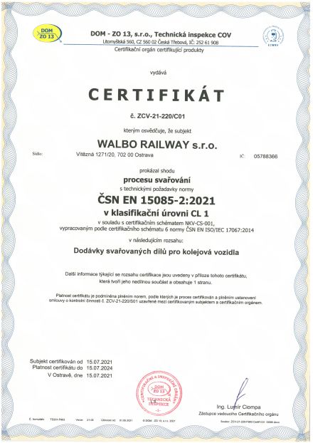 ČSN EN 15085-2:2021 – CL 1