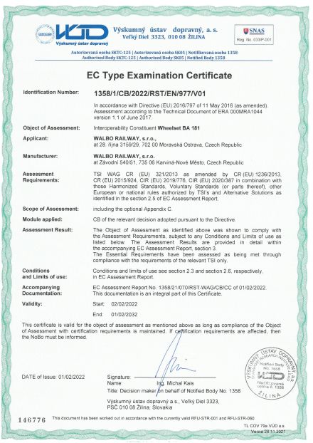 TSI Certificate for wheelsets BA 181