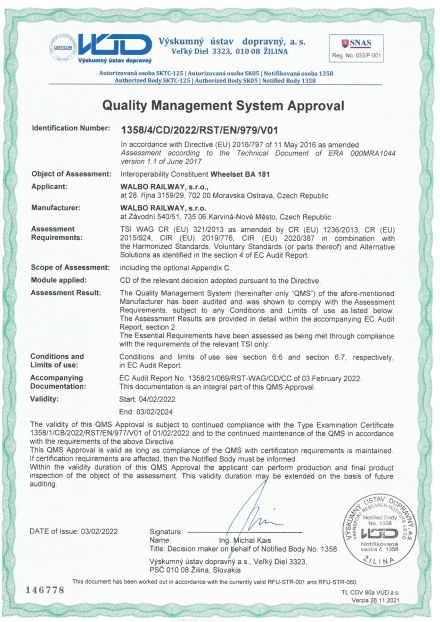 TSI certifikát pro dvojkolí BA 181