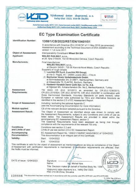 TSI certificate for wheels BA 004