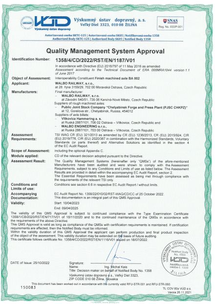 TSI Certificate for axles BA 002