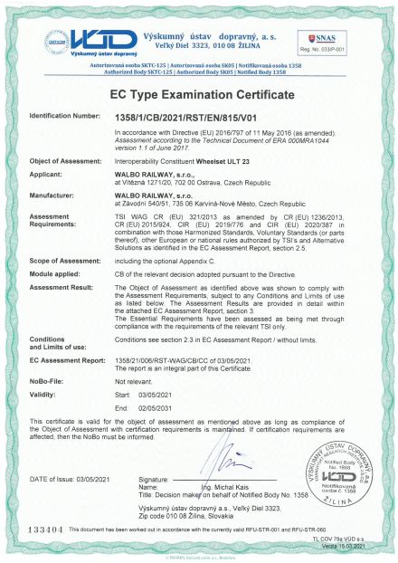 TSI Certificate for wheelsets ULT 23