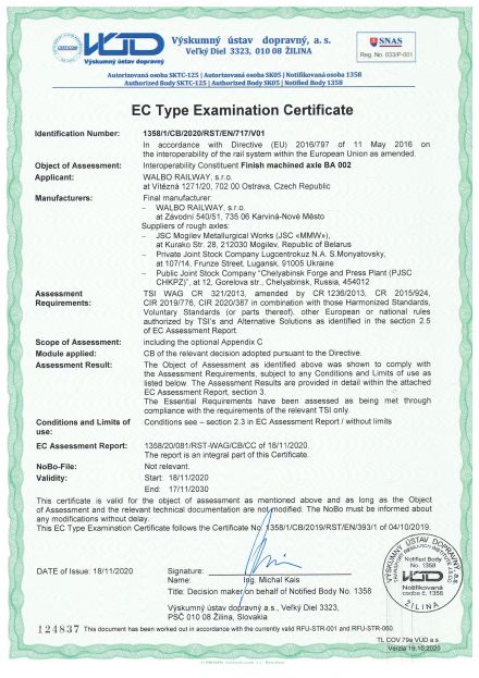 TSI certifikát pro nápravy BA 002