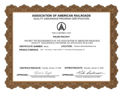 Zertifikate AAR - Association of American Railroads