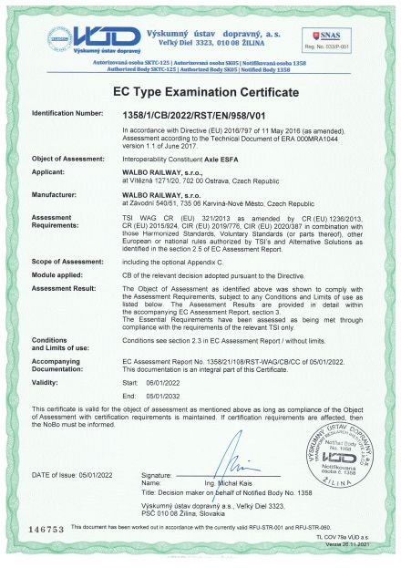 TSI certifikát pro nápravy ESFA 