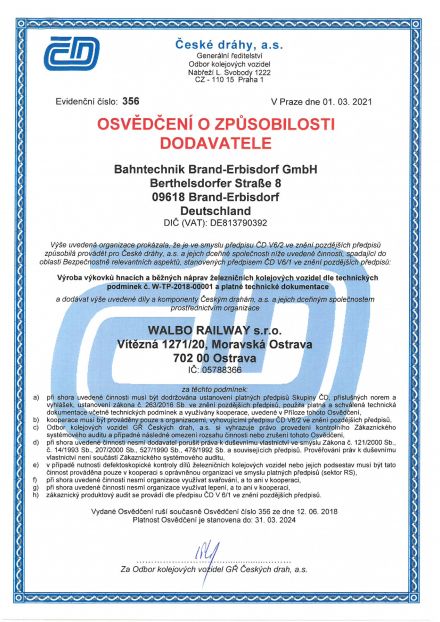 Certifikát ČD - Výroba výkovků hnacích a běžných náprav železničních kolejových vozidel