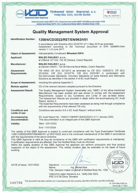 TSI certifikát pro dvojkolí ESFA 