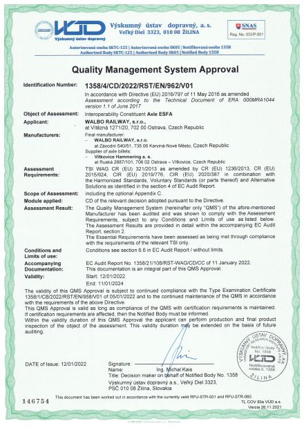 TSI certifikát pro nápravy ESFA 