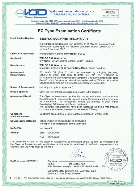 TSI certifikát pro dvojkolí ULT 23