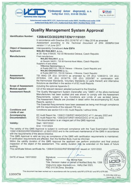 TSI certifikát pro nápravy ESFA