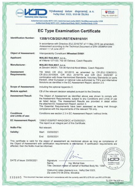 TSI certifikát pro dvojkolí EV001