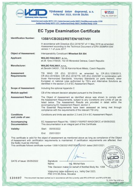 TSI certificate for wheelsets BA 004