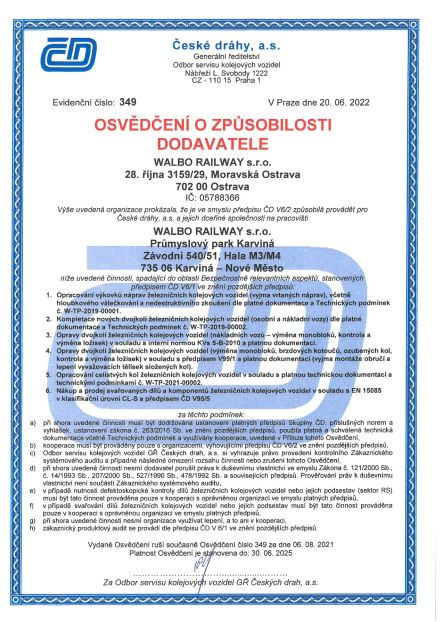 Zertifikat der Tschechischen Eisenbahnen