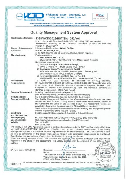 TSI Zertifikate für Räder BA 004 