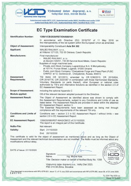 TSI certifikát pro nápravy BA 302
