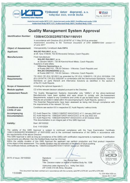 TSI Certificate for axles ESFA